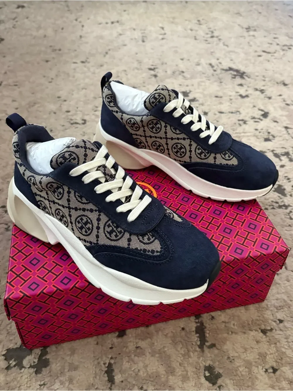 Tory Burch T Monogram Good Luck Trainer Sneakers Navy Size 9